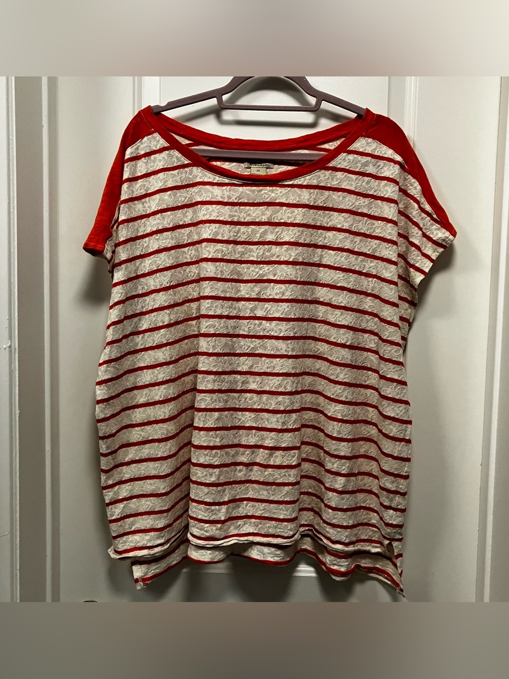 Lucky Brand Women's Plus 3X Orange White Striped Lace Knit Top Short Sleeve Boho